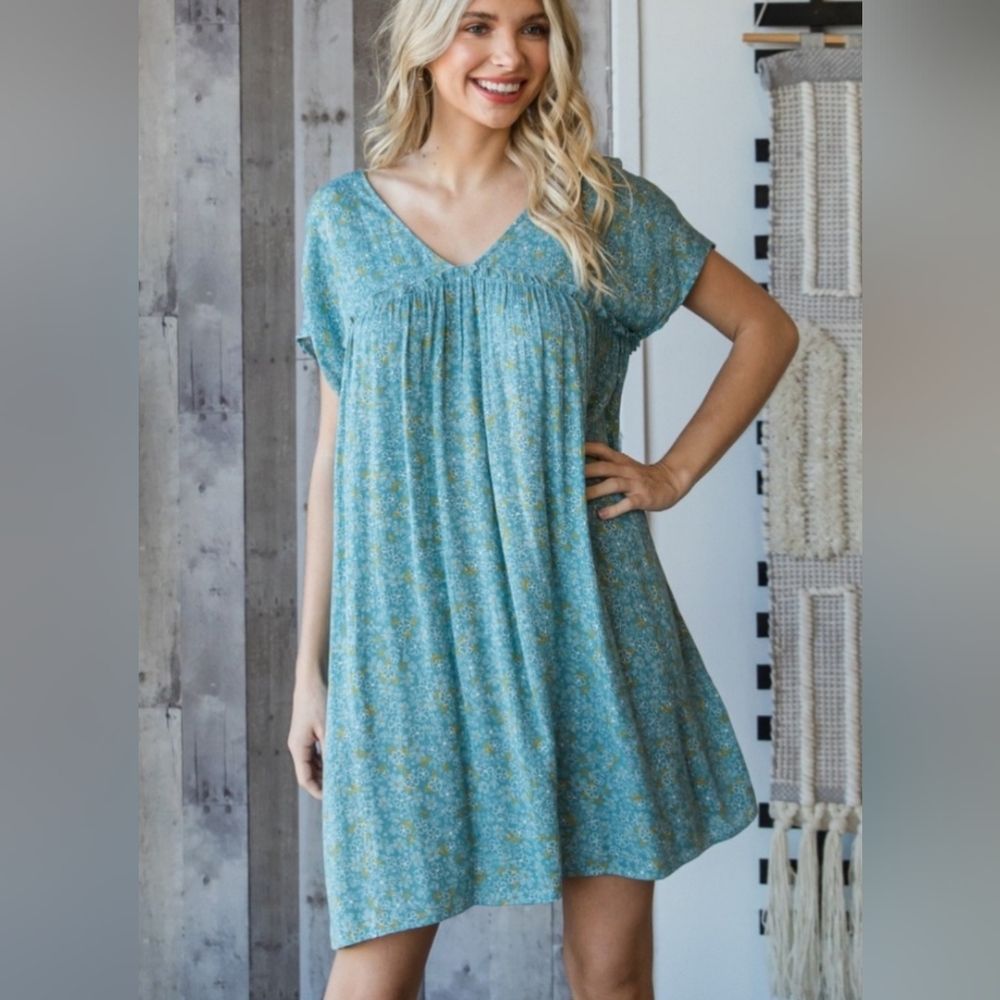 Veveret Teal Floral V-Neck Short Sleeve Dress NWOT Medium